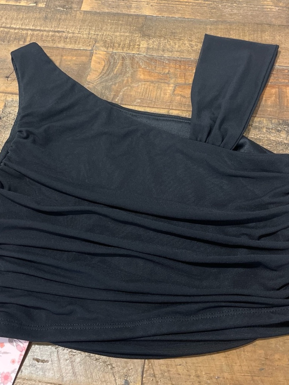 Black Silky Ruched Asymmetrical Crop Top ~ W - Small
